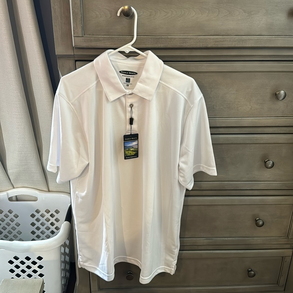 Men’s Pebble Beach performance golf shirt. White. Size XL